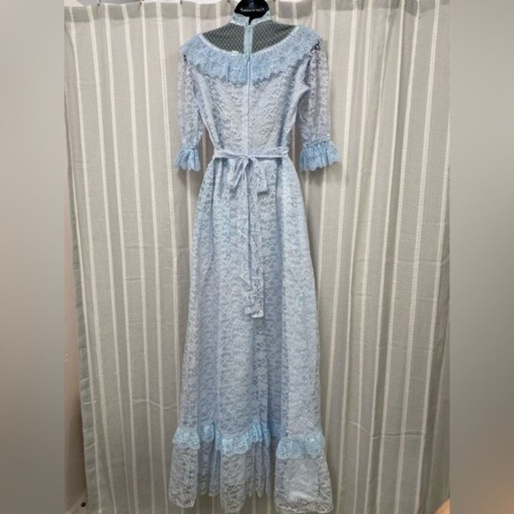 Vintage 70’s / 80’s Blue Lace High Collar Dress‎ Vintage  Size 9/10 Union Label - Picture 10 of 16